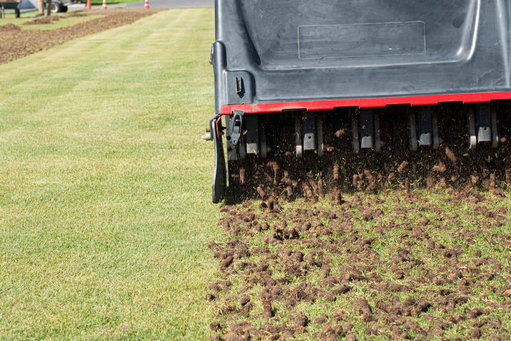 Close-up of large aerator aerating a lawn and pulling up grass plugs